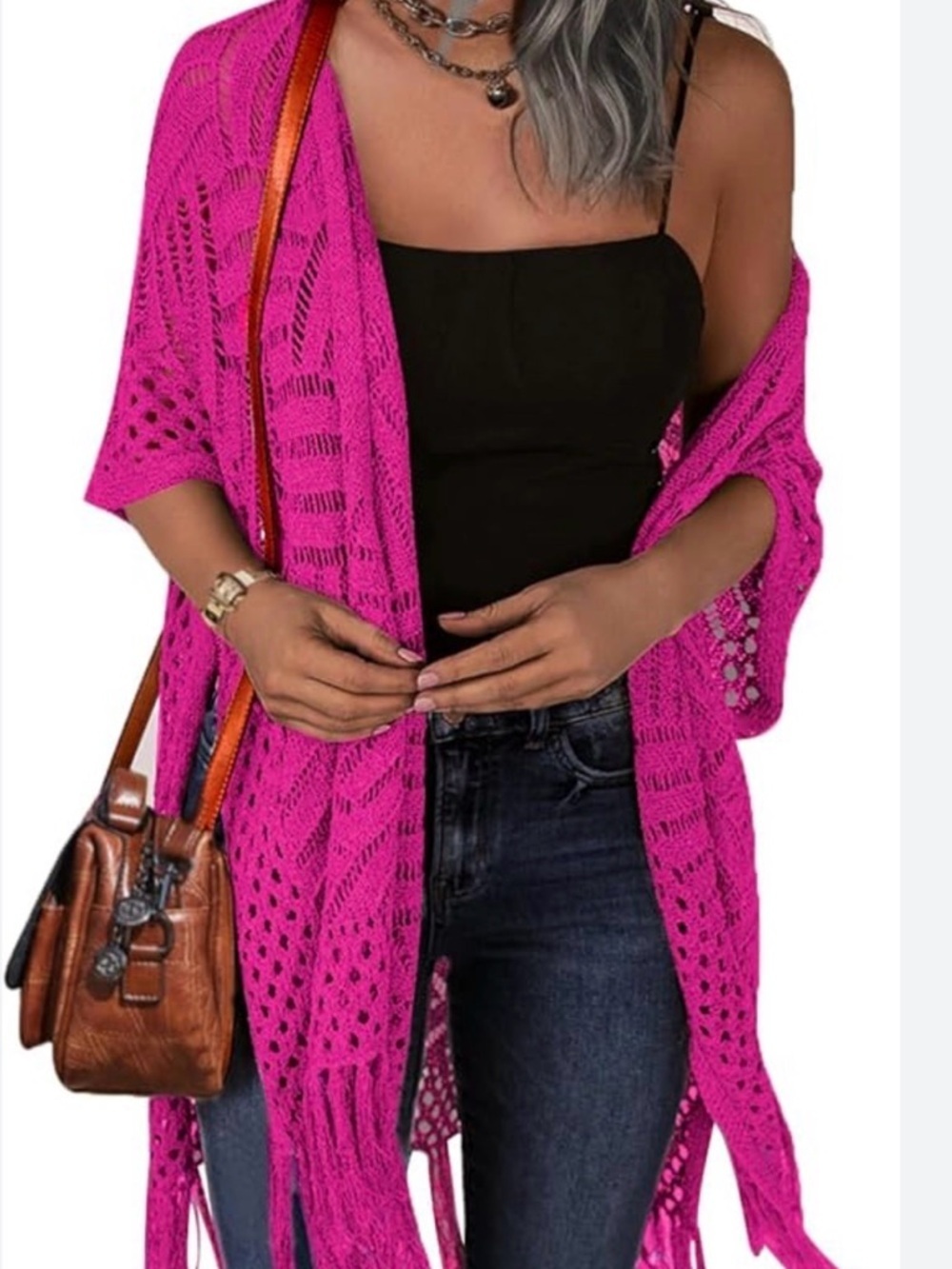 Fringe Open-Front Crochet Cardigan Shrug in Hot Pink